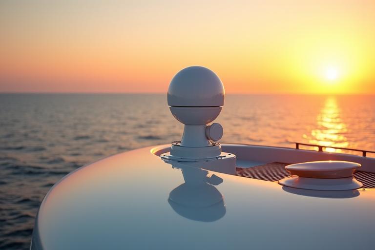 Sistema di comunicazione satellitare sicuro sul ponte di un superyacht al tramonto
